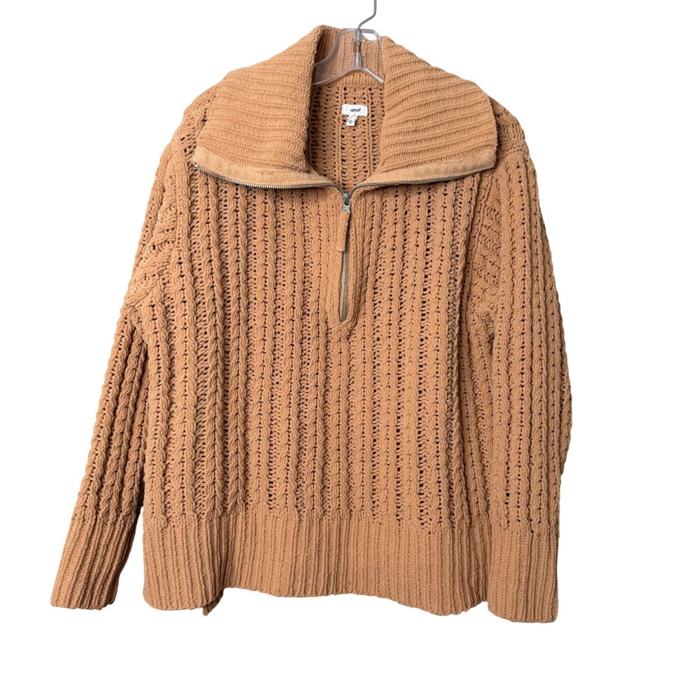 Aerie Quarter Zip Sweater Womens Small Tan Chenille Cable Knit Pullover Baggy